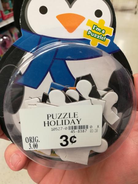 A penguin puzzle marked 3 cents